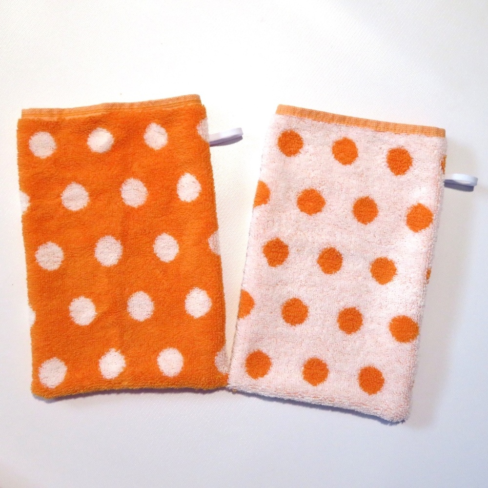 NEW- 2 orange/white European style bath washcloth mitts, gift- HANDMADE in USA